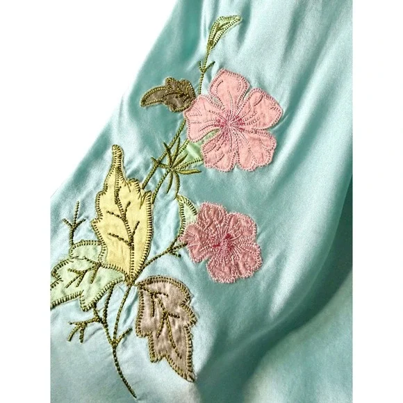 Gold Hawk 100% Silk Lace Trim Tiffany Blue Slip Dress Sz Med Embroidered Flowers - Picture 2 of 7